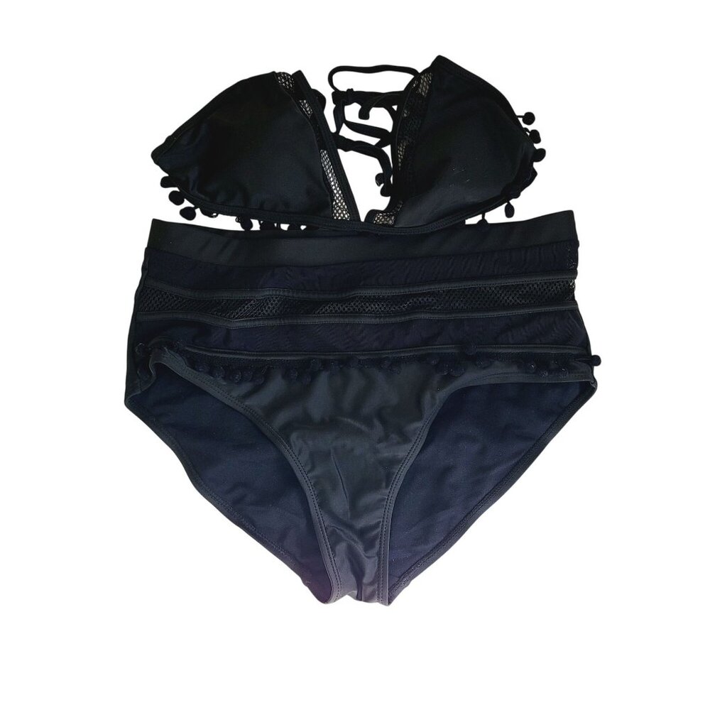 Women's Swimwear Black Bikini Set With Pom Pom Trim & Mesh Detail Size XL - Picture 1 of 10